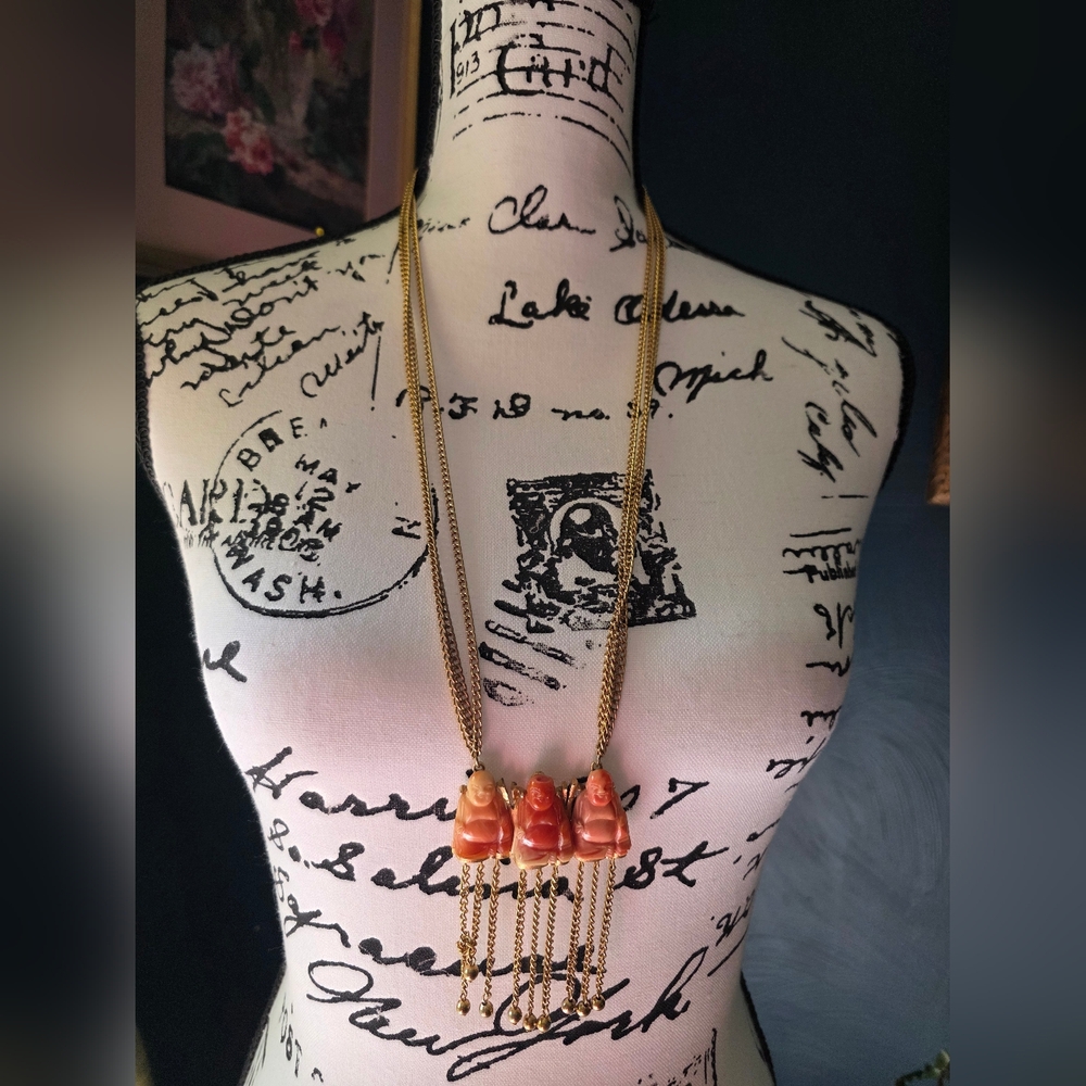 Vintage Signed Pauline Trigere Three Buddha Pendant Long Chain Necklace 1960s